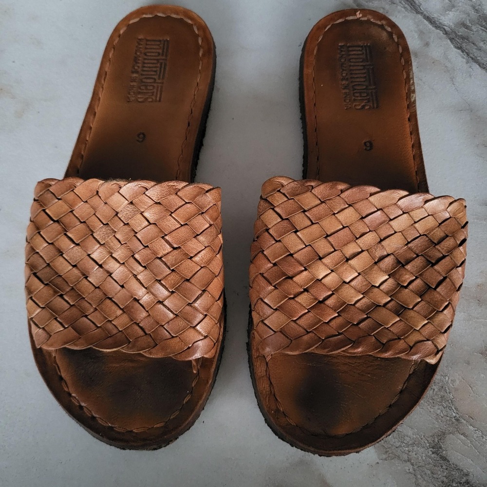 Mohinders Sandals Womens Size 6 Brown Leather Woven Slide Handmade Flat Comfort